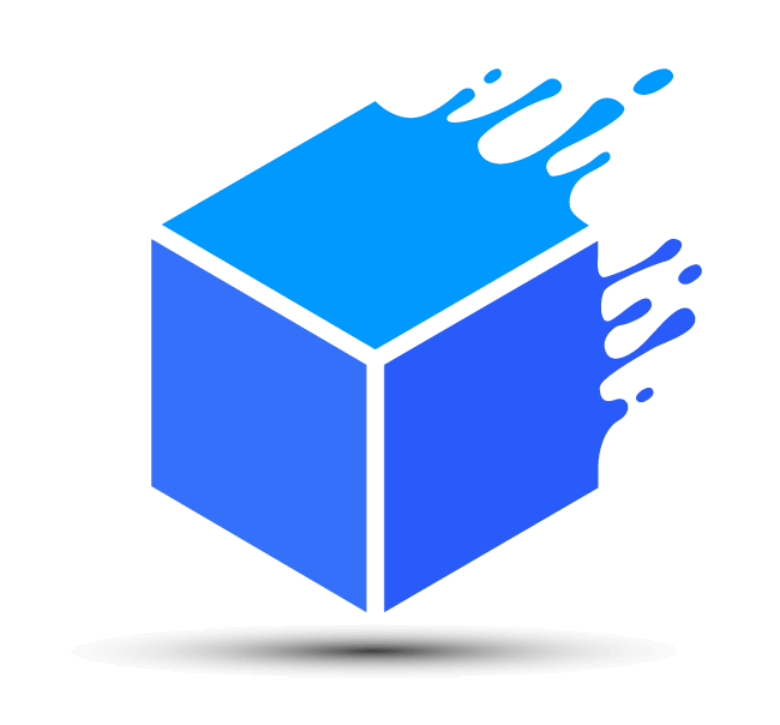 BlueKube product development company logo of a flying blue cube